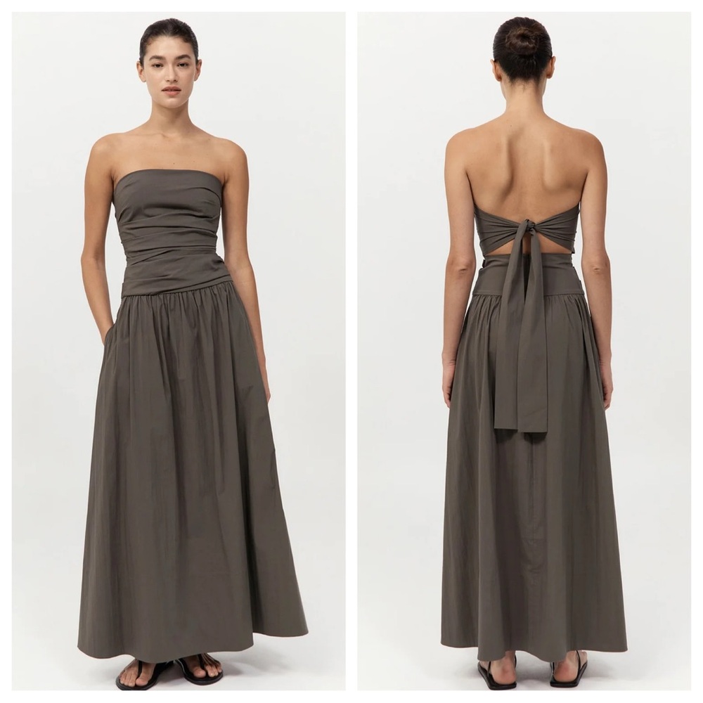 St. Agni Gathered Strapless Tie Back Dress in Khaki